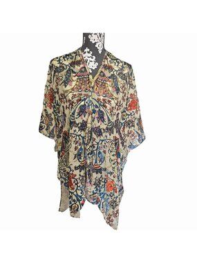 NEW Angie One Size Sheer Floral Paisley Kimono Beige Velvet Burnout Shawl Wrap